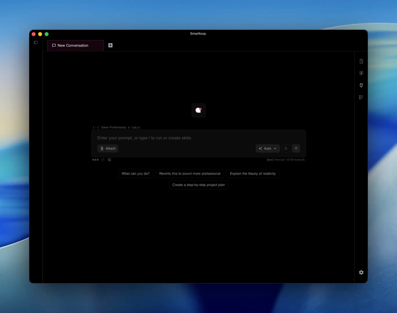 Smartloop Studio's empty prompt window, with conversation tabs along the top, the prompt box with Attach and Auto buttons in the middle, starter prompts beneath it, and panel icons down the right edge