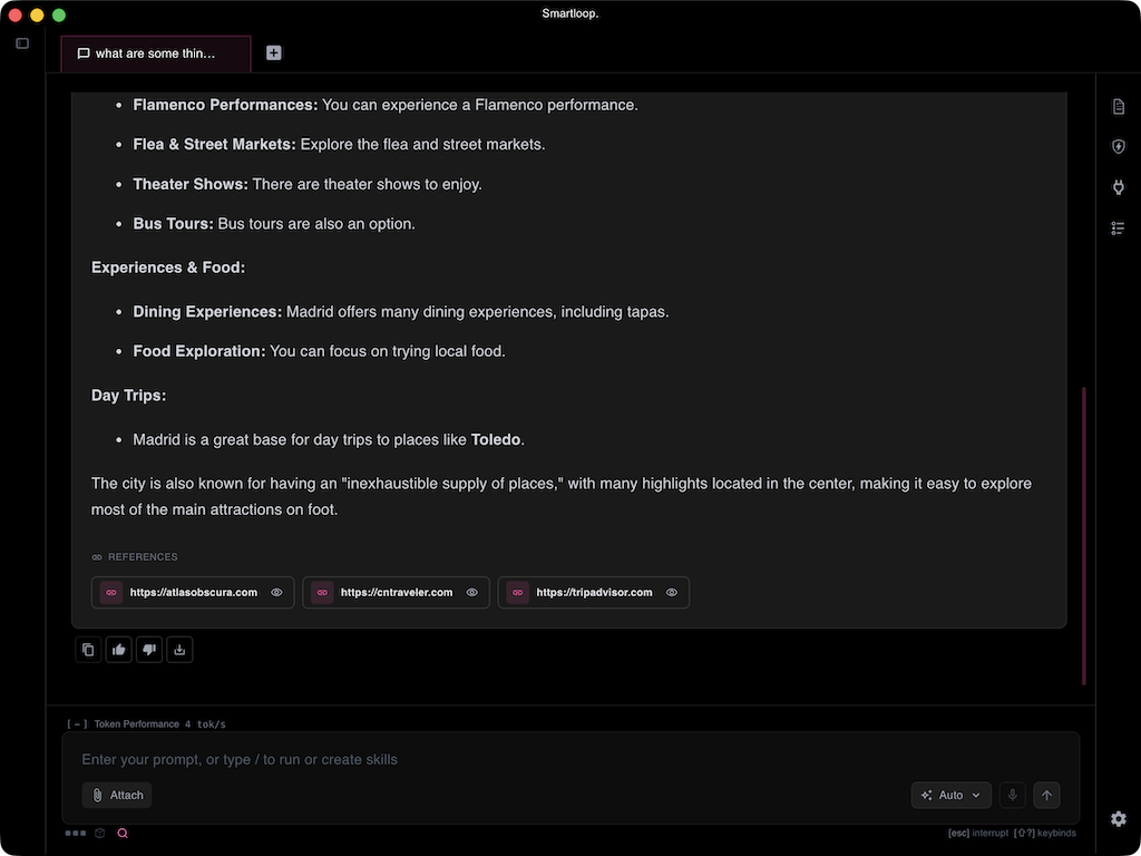 A conversation answering a product question, with a REFERENCES section below the answer listing the three source sites used